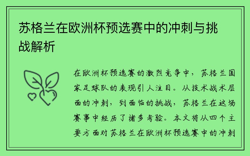 苏格兰在欧洲杯预选赛中的冲刺与挑战解析